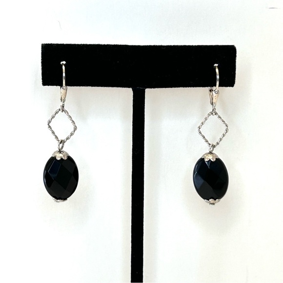 Sterling Silver Facetted Black Stone Drop Dangle Earrings - Picture 5 of 6